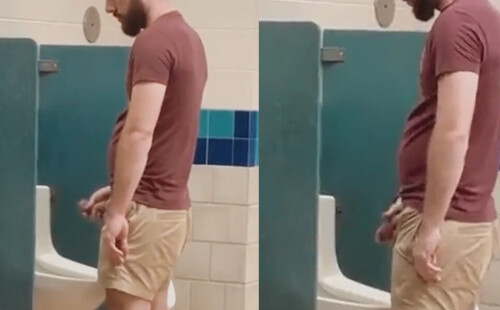 Guy with big thick penis peeing at the urinals