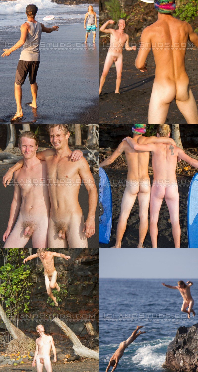 Tanned Surfers Play Naked Frisbee on the Beach