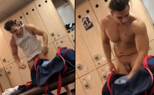 Hot german guy caught naked by spycam in locker room.