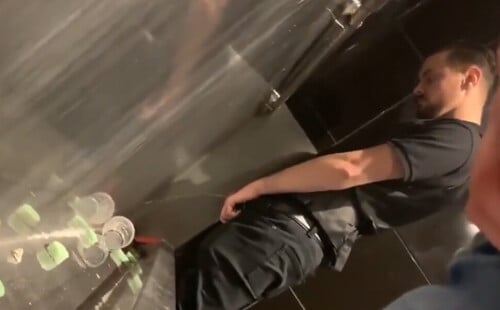Gorgeous straight guy caught peeing at urinals