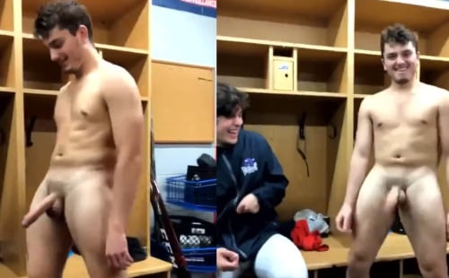 Hung footballer showing off his huge dick in locker room