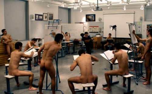 Clothed model, naked artists