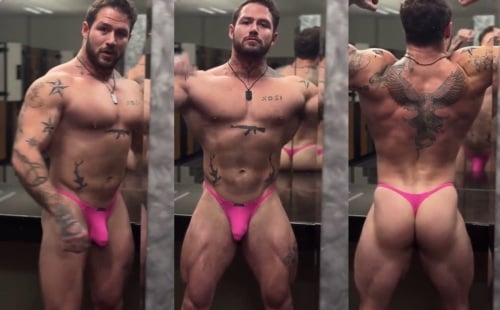 A sexy hunk in a pink thong (video)