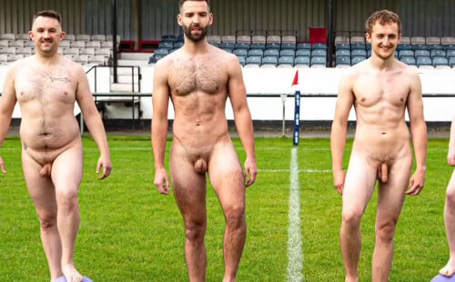 A rugby team completely naked during photo shooting