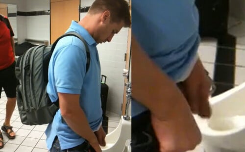 Guy caught peeing at airport urinals