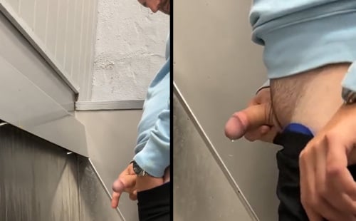 Very hung lad peeing at the urinals