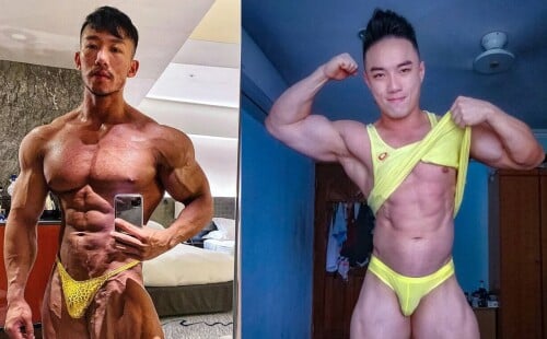 Muscled Asian bodybuilders wearing small undies or thongs