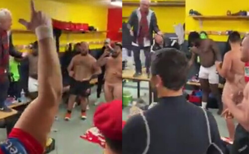 Rugby players partying naked in locker room
