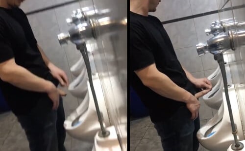 Uncut guy peeing and stretching his cock at the urinals