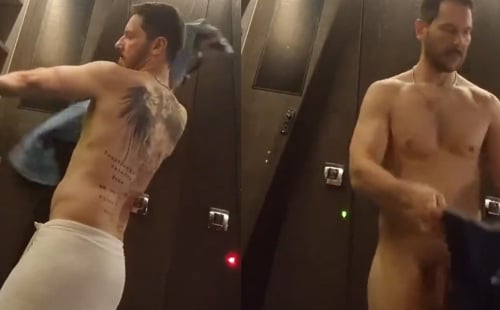 Tattooed guy caught changing in locker room
