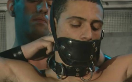 A slave's collar and gagging harness keep Javier submissive!