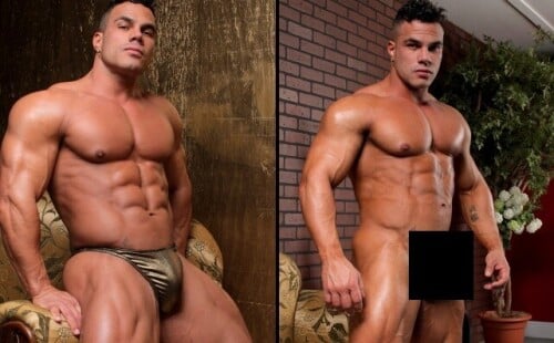 Hung heavyweight bodybuilder taking off his posers