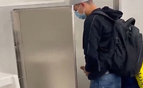 Guy with enormous dick caught peeing and shaking