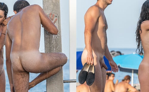Straight guy showering at the nudist beach