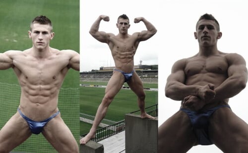 Eastern European fitness model spreading his legs