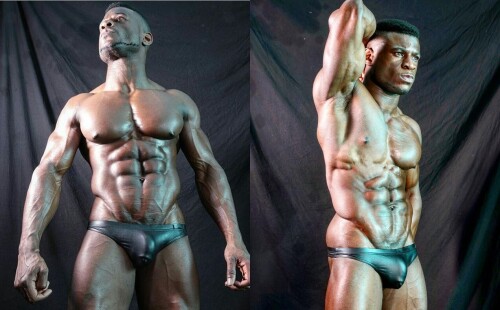 Black bodybuilder exposing his dick size in tight undies
