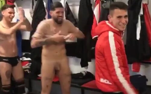 An Italian football team naked in locker room