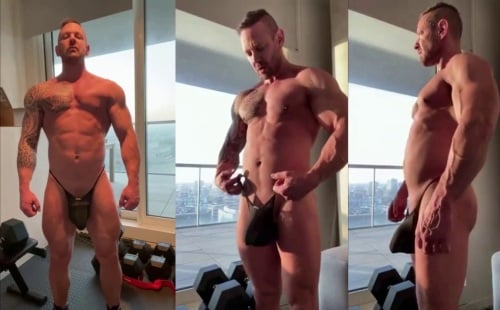 Extra hung bodybuilder showing off