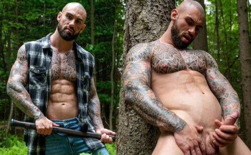 Buff lumberjack Axel Reed shows off his muscles and busts a nut