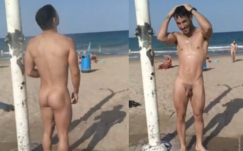 Sexy nudist dude taking a shower at the beach