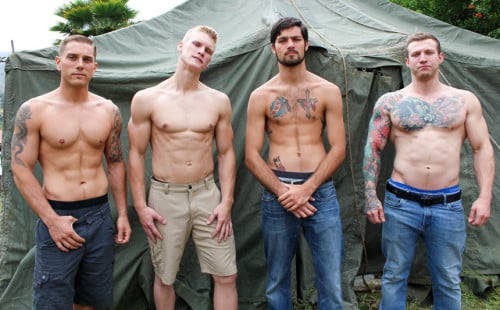 Army boys Mike, LeeRoy, Blake & Mike in a bareback 4some