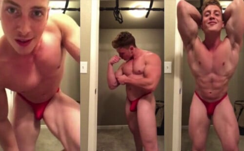 Cocky bodybuilder posing in a thong