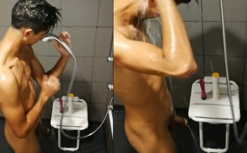 Hot skinny lad caught showering
