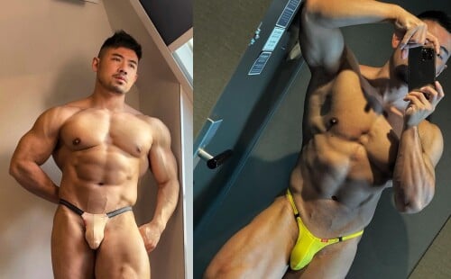 Sexy Asian muscle guy showing penis outlines