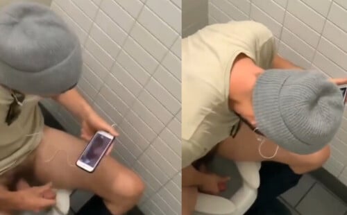 Guy caught wanking and cumming in public restroom
