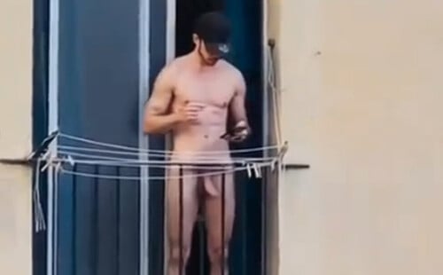 Horny neighbour naked on the balcony
