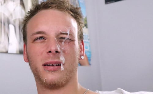 Horny fuckers plow blonde twink's ass and cover him in jizz!