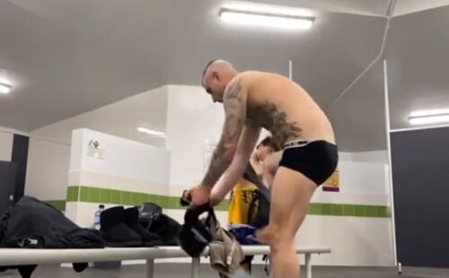 Tattooed dude caught undressing in gym locker room