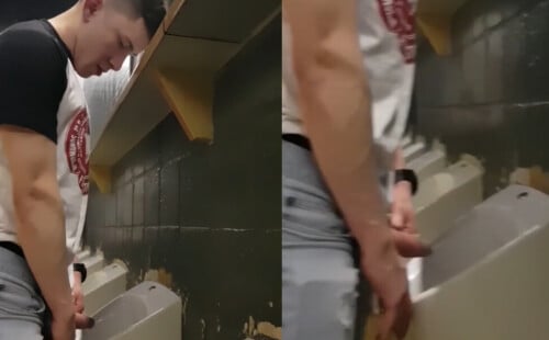 Horny guy with boner caught peeing at urinal