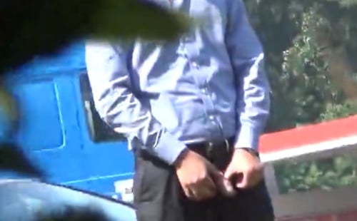 Uncut trucker taking a pee in public