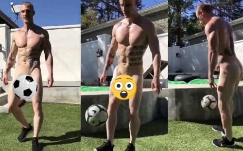 Hung Footballer Showing his Ball Handling Skills Bare All