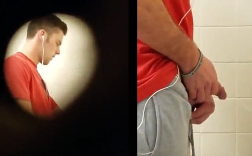College dude caught peeing at urinal
