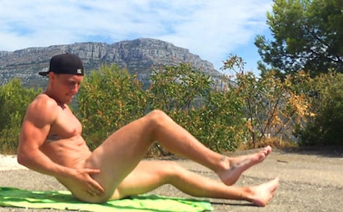 Horny straight jock Cameron Donald spurts his cream outdoors