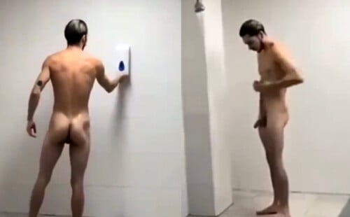 Horny dude getting a boner while showering