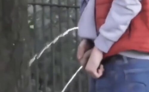 Two friends pissing in public after football game