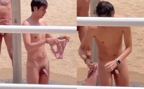 Guy caught showering naked at the beach