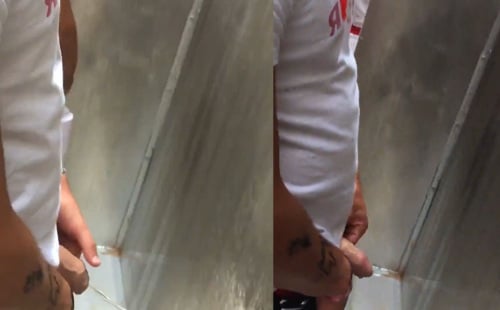 Straight uncut guy peeing in public
