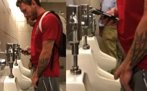 Hung dude caught peeing at urinals by spycam