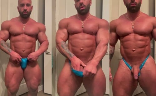 A bodybuilder takes his dick out of his posers