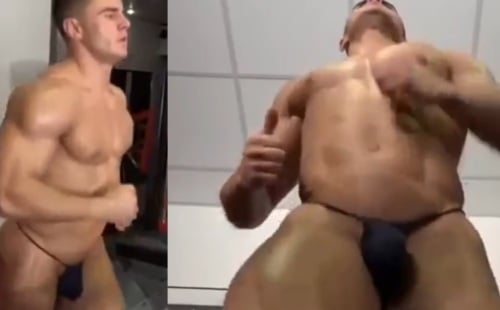 Russian guy running on a treadmill in a thong