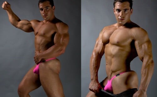 Beefy muscular guy in a pink thong