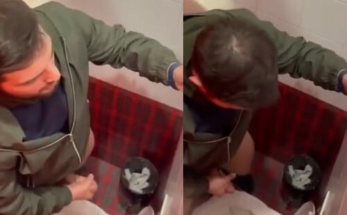Handsome bearded guy caught wanking in public toilet