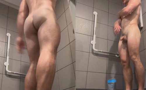 Guy with uncut dick and bubble ass in shower